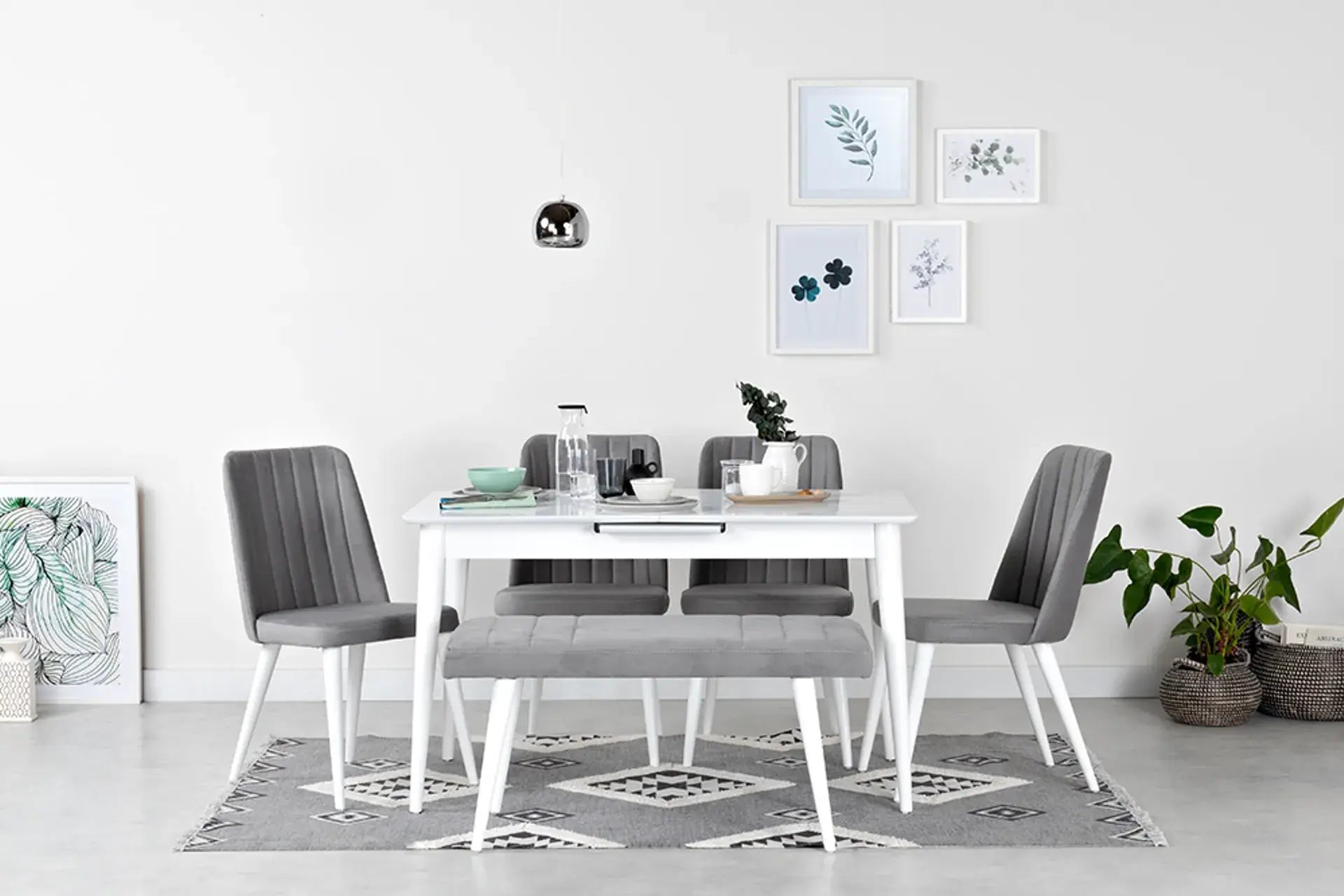 Modern dining table + 4 chairs and a bench - White x Gray RA-DR19