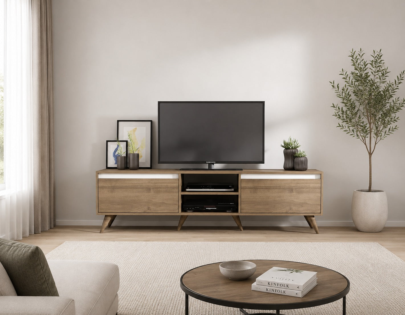 TV stand 140×30cm – Wood × White RA-U49